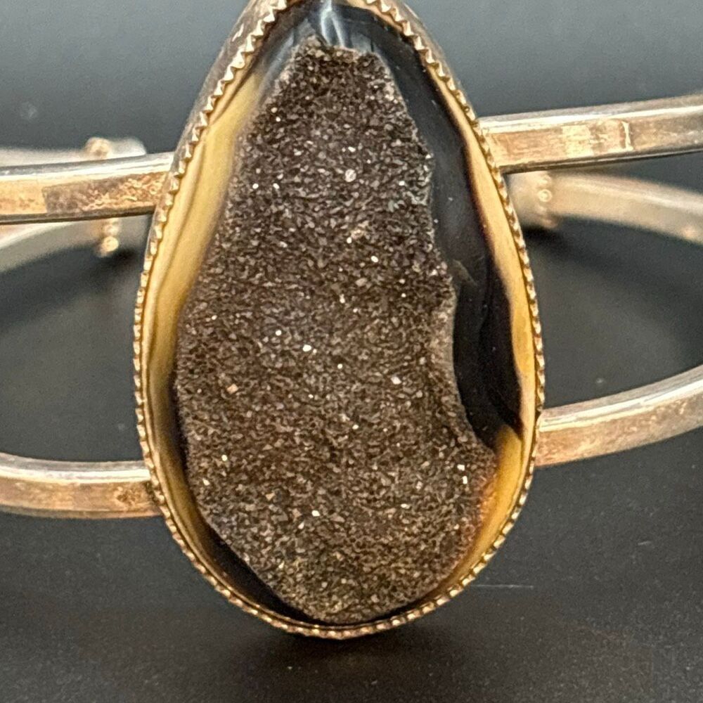 Sterling Silver and Druzy Bracelet Cuff, NEW, Black and Silver, Handmade, Artisa